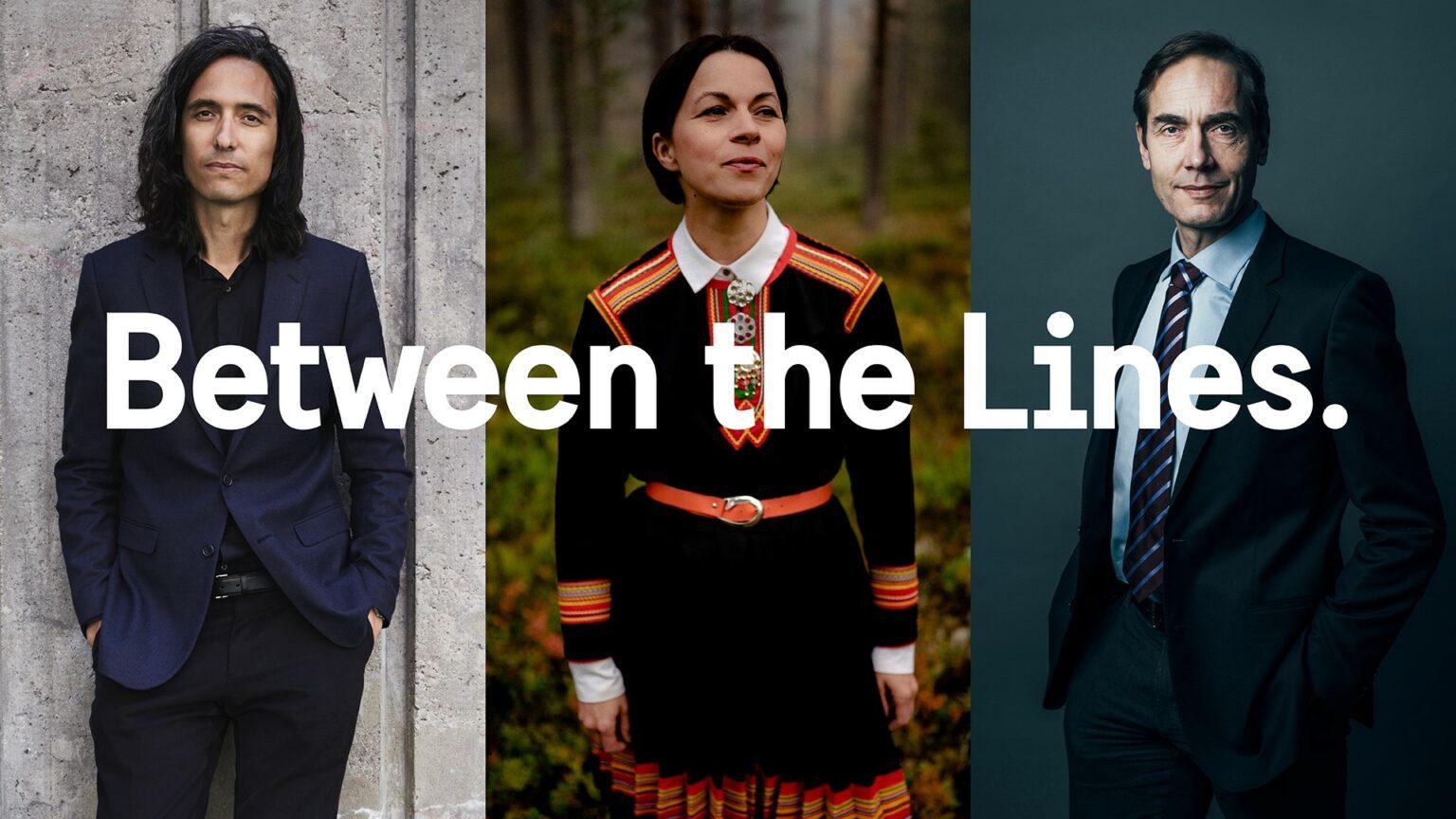 A younger man with long hair, a woman in Sami clothing and a man in a suit. 