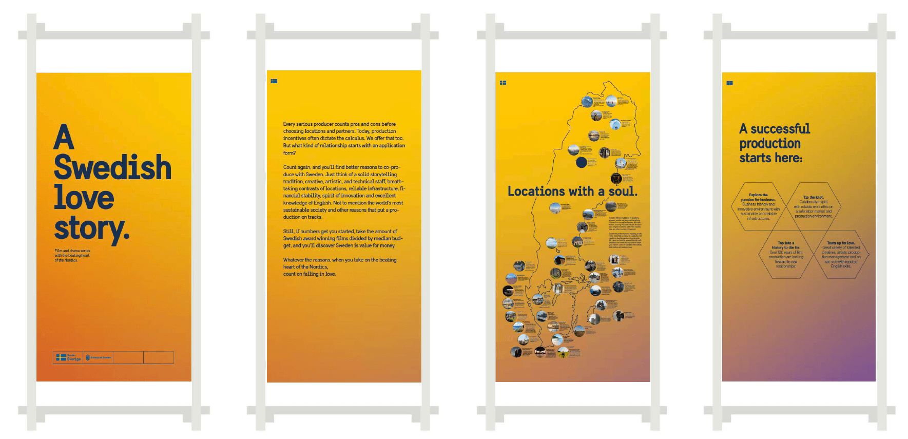 Four info posters, one with a map of Sweden.