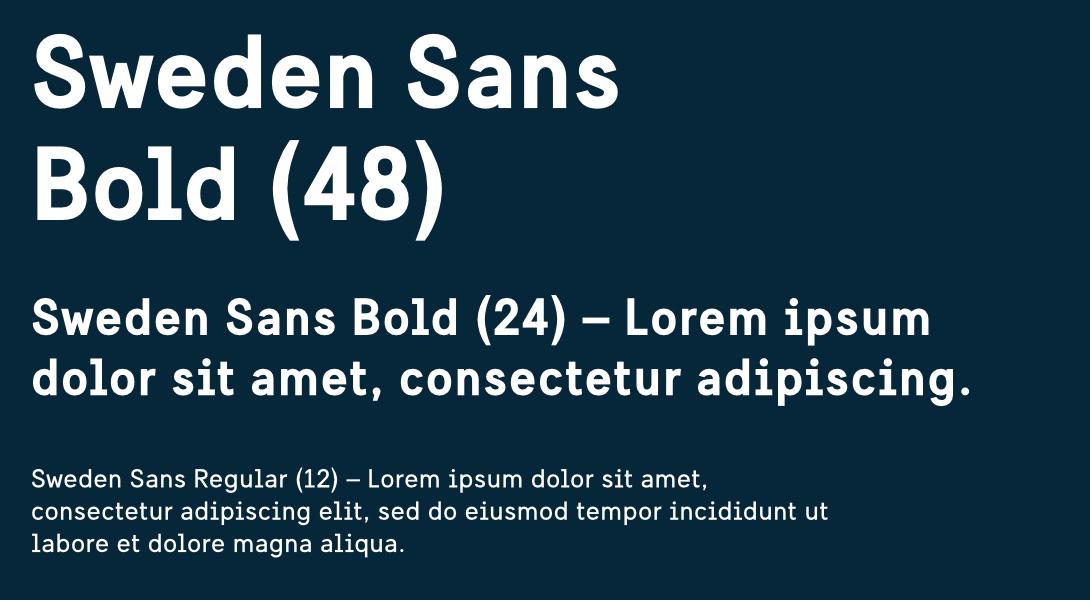 Light text on dark blue background showing example of how to pair different Sweden Sans weights.