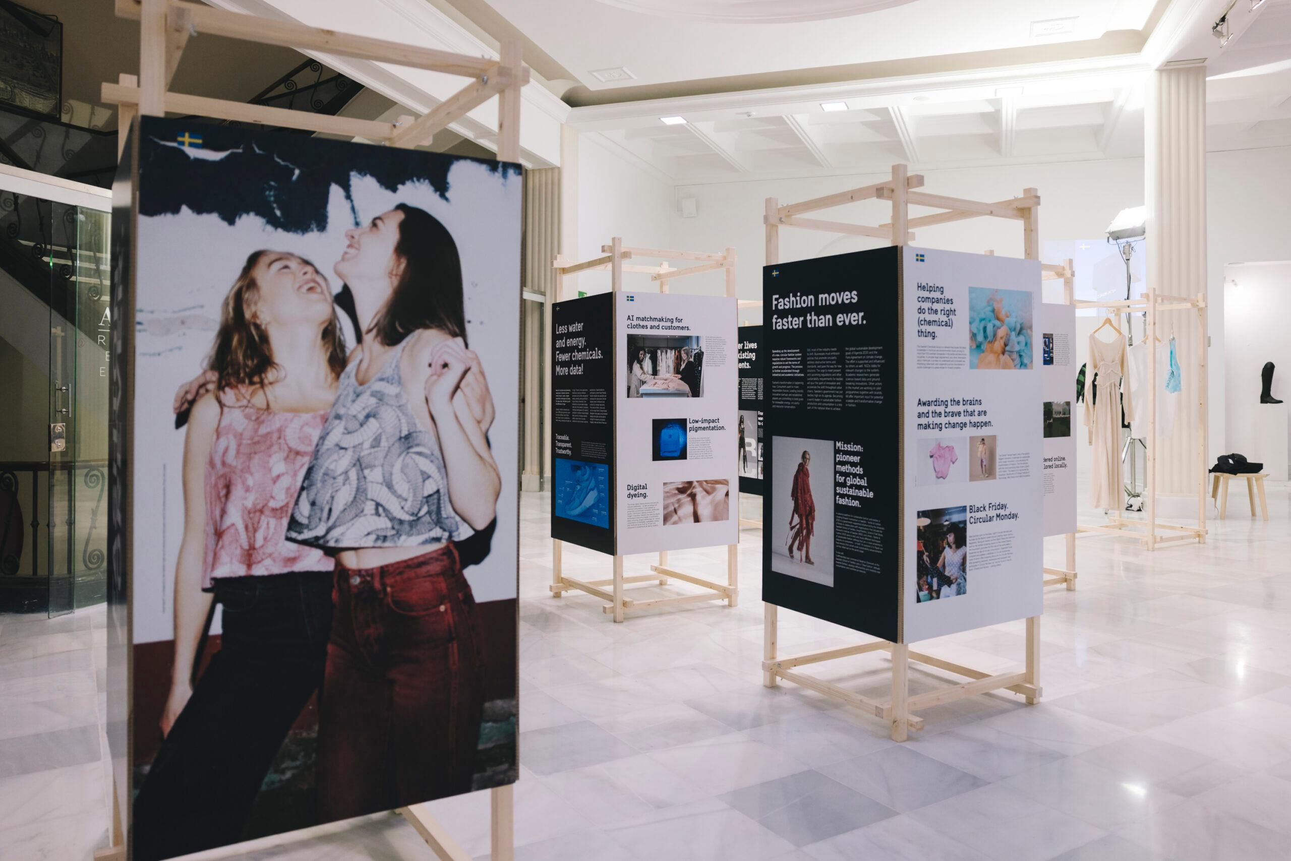 Several exhibition posters showcasing Swedish fashion.