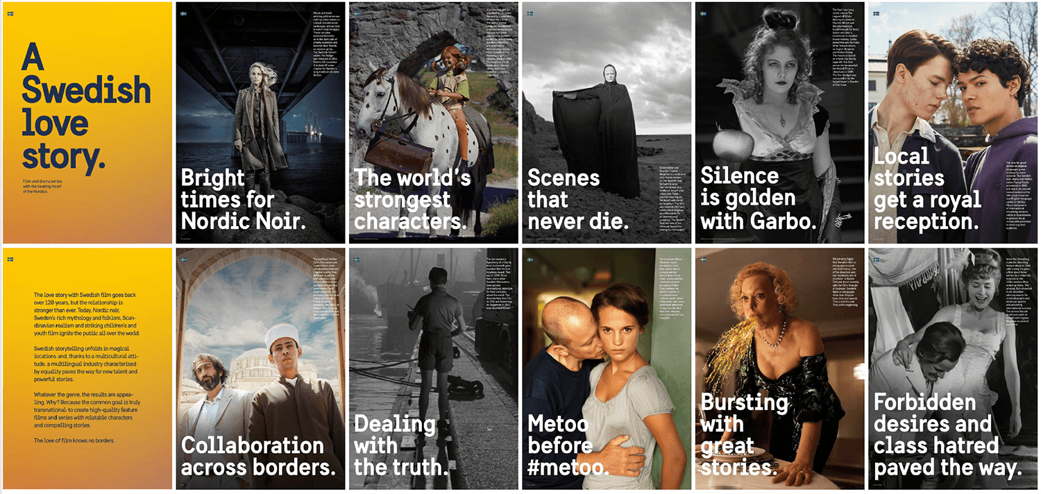 Posters showing Swedish films and series such as Pippi, Young Royals, The seventh seal, A triangle of Sadness. 