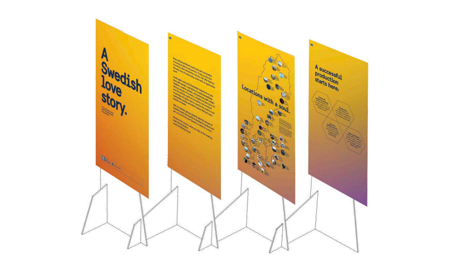 Four posters with a warm yellow colour and a map of Sweden with film locations.